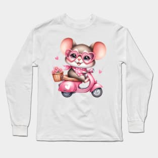 Valentine Mouse In Pink Scooter Long Sleeve T-Shirt